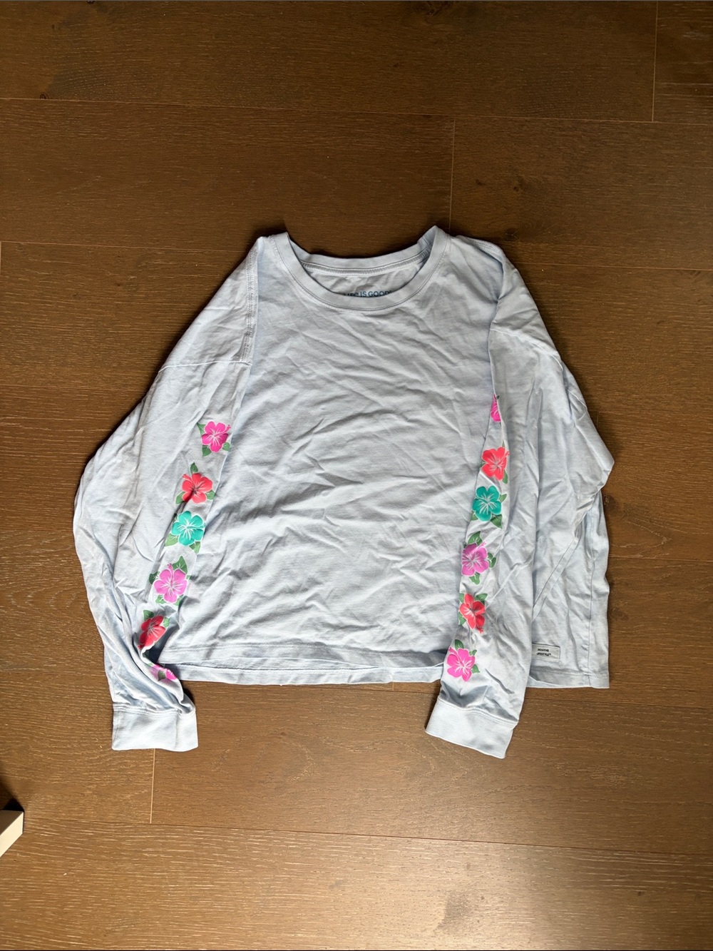 Life Is Good Light Blue Long-Sleeve Tee with Floral Sleeve Accents